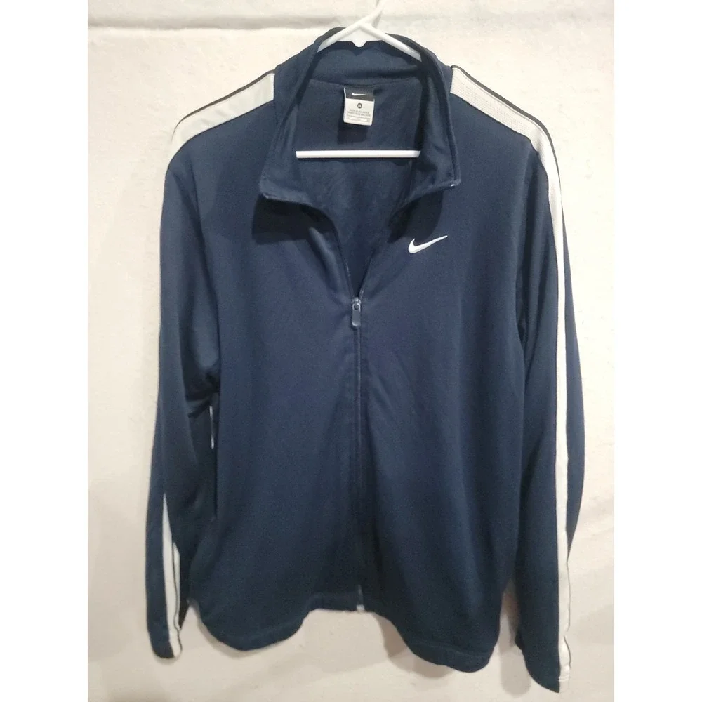 Nike Mens XL Track Jacket Navy Blue Full Zip Striped Mock Neck Training‎ 392474